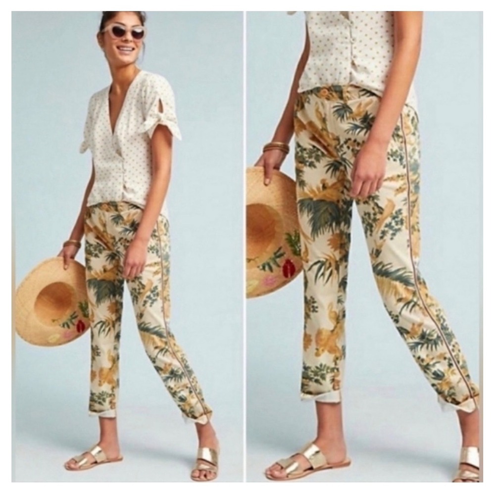 Anthropologie Chino Relaxed Pant 26 Tropical Floral Palm Bird Side‎ Stripe NWT